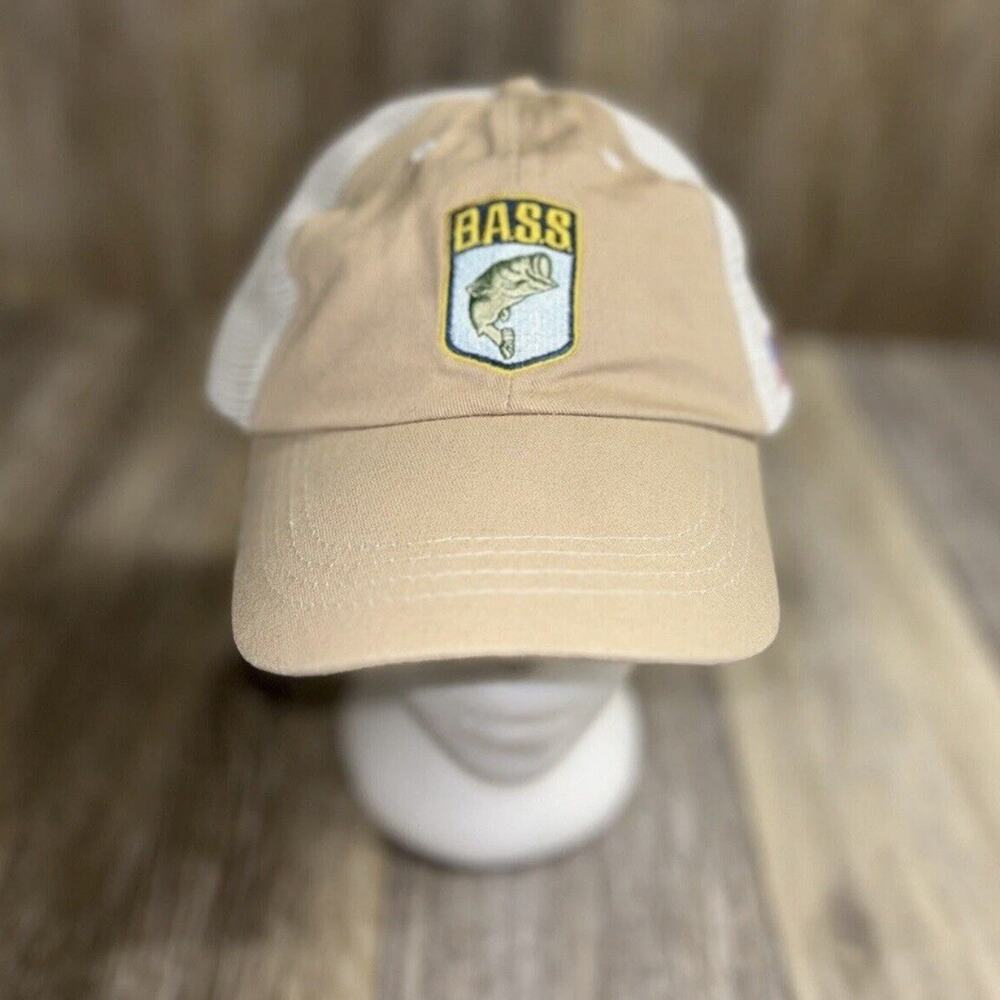 Bass Fishing Logo Beige Tan White Baseball Cap Hat Adjustable Cotton Poly Blend